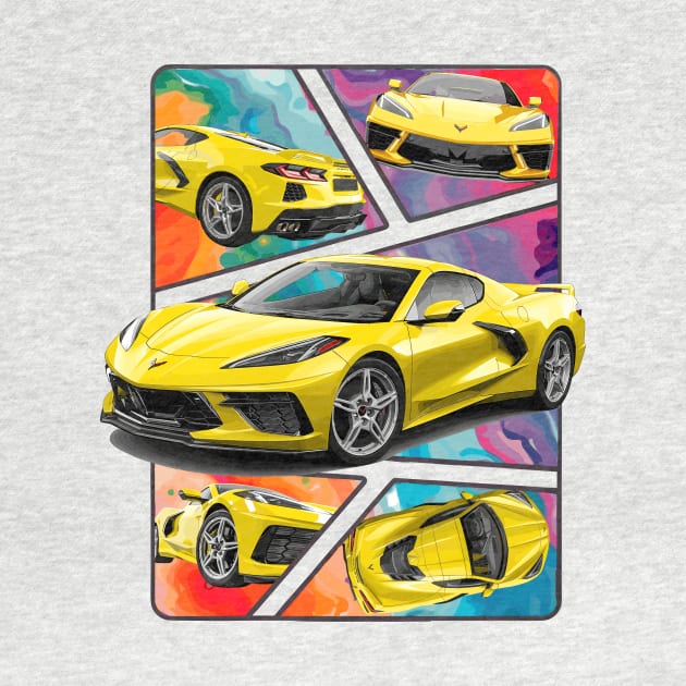 Multiple Angles of the Accelerate Yellow C8 Corvette Presented In A Bold Vibrant Panel Art Display Supercar Sports Car Racecar Accelerate Yellow Corvette C8 by Tees 4 Thee